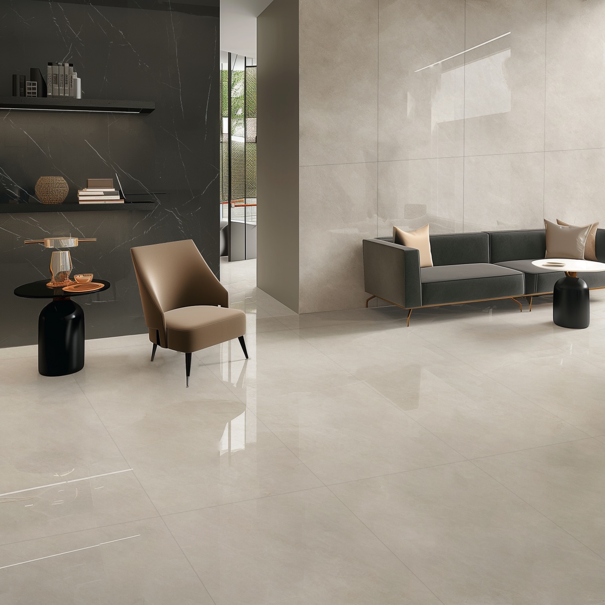 亮光 超晶通体大理石 GTL1261911奶油灰 一石五面 自由连纹 亮光通体